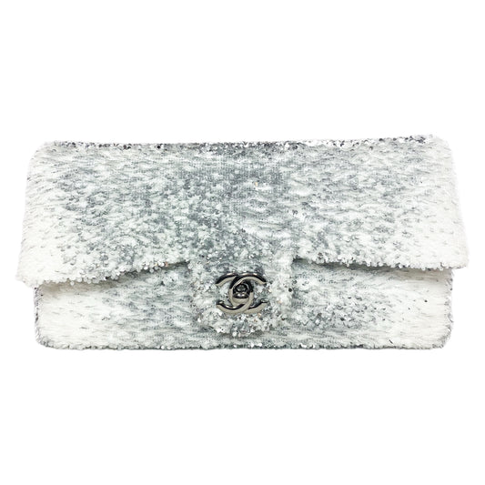 Chanel White Silver Sequin Flap Bag