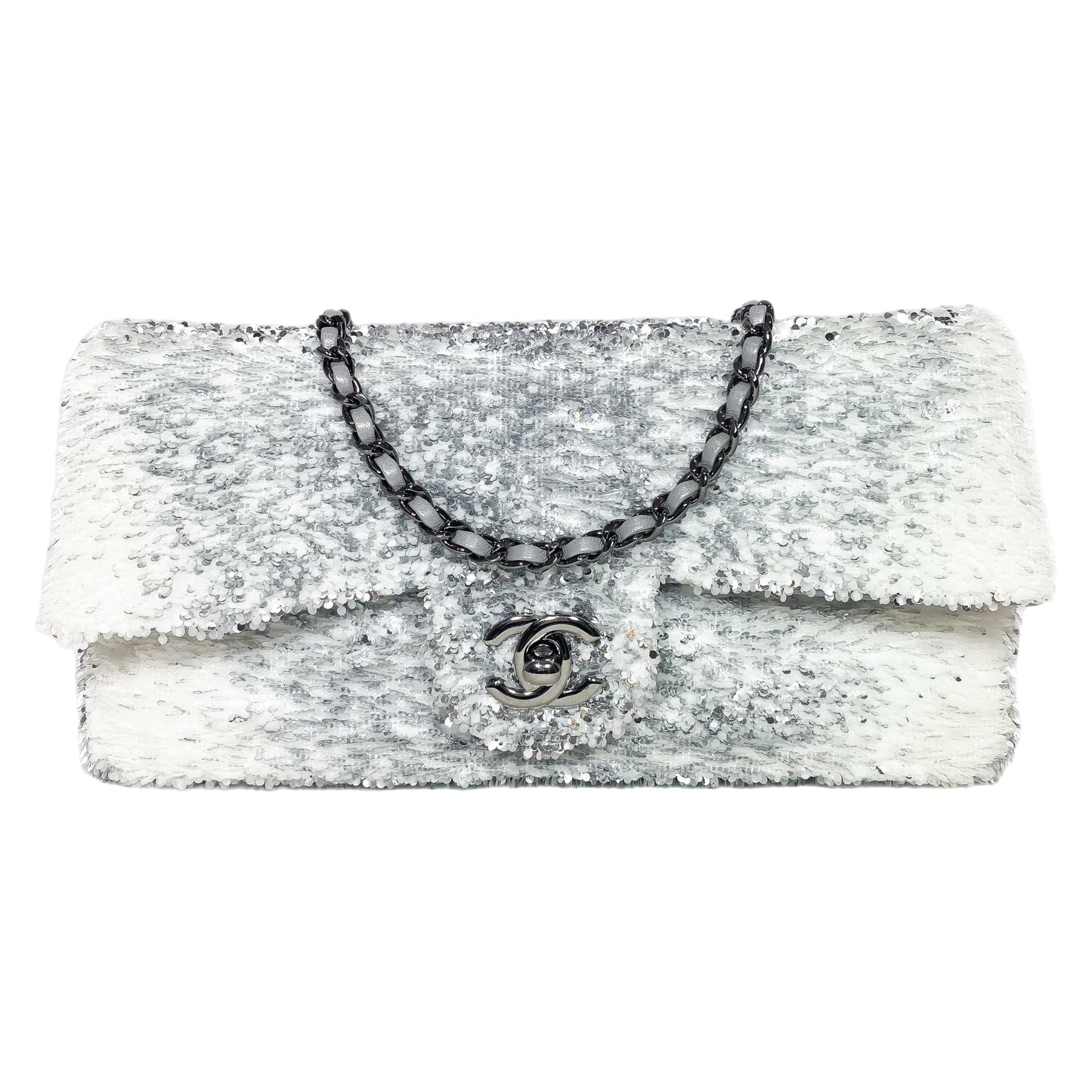 Chanel White Silver Sequin Flap Bag