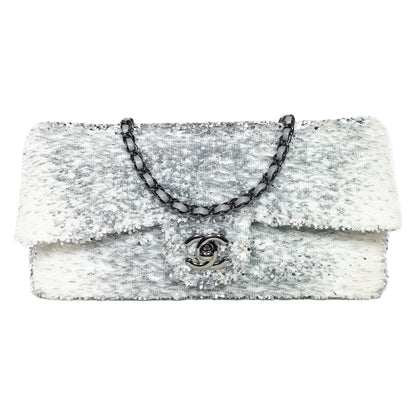 Chanel White Silver Sequin Flap Bag