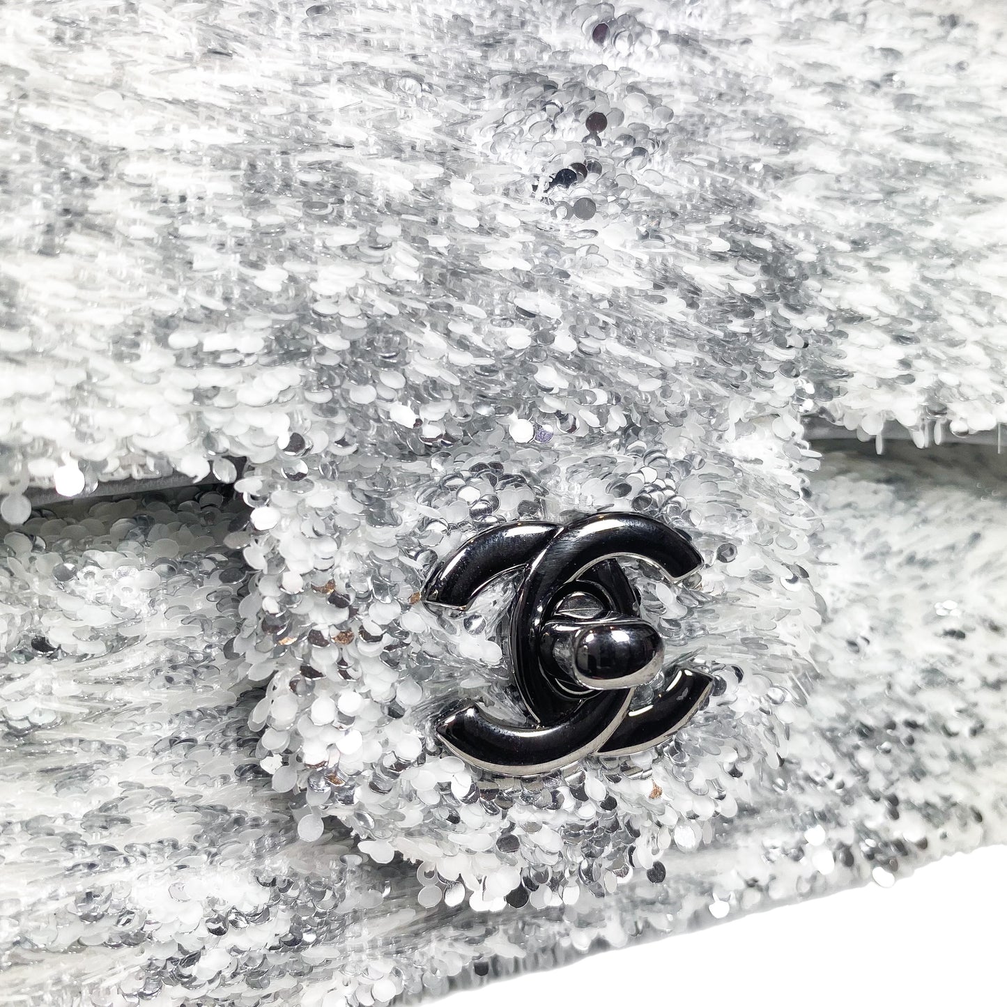 Chanel White Silver Sequin Flap Bag