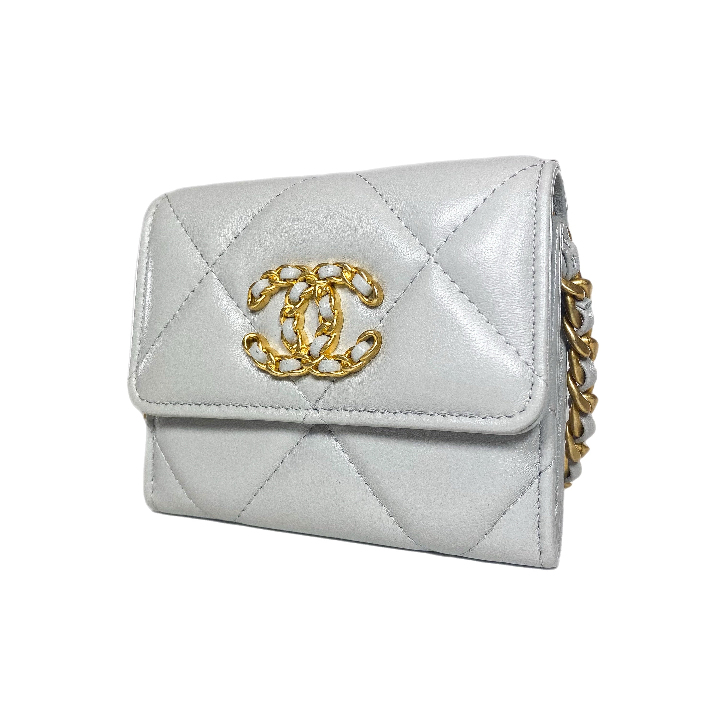 Chanel 19 Gray Quilted Flap Coin Purse with Chain