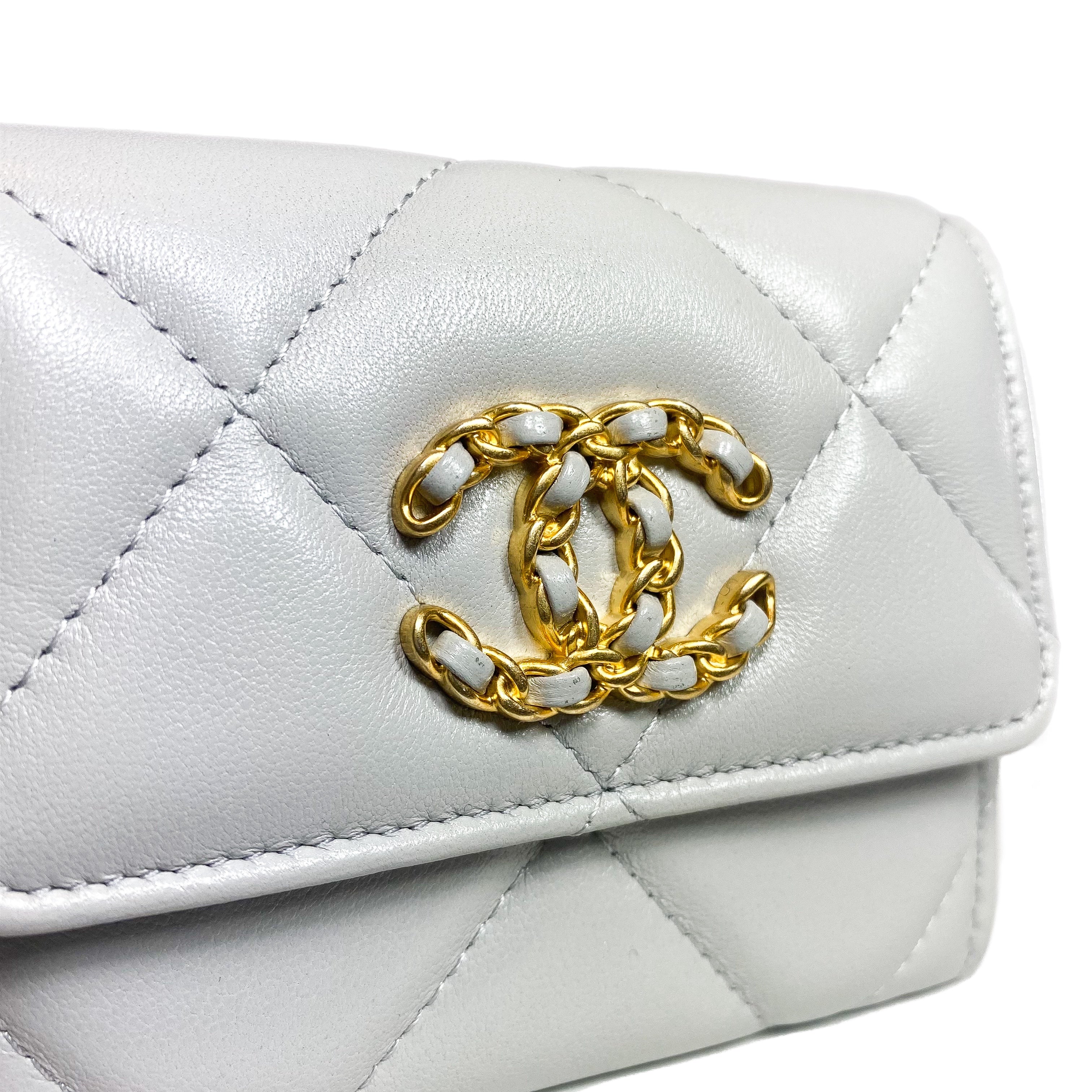 Chanel 19 Gray Quilted Flap Coin Purse with Chain