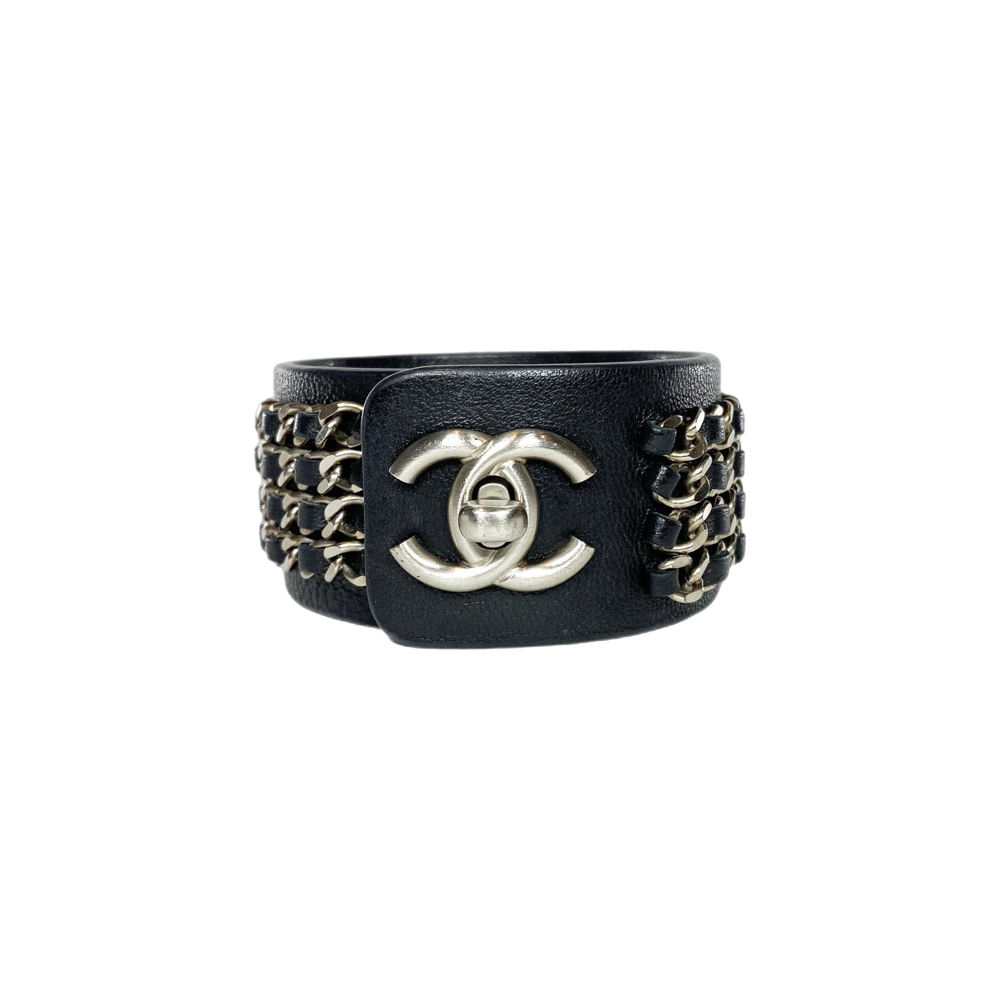 Chanel Black Silver Chain Wide Turnlock Cuff