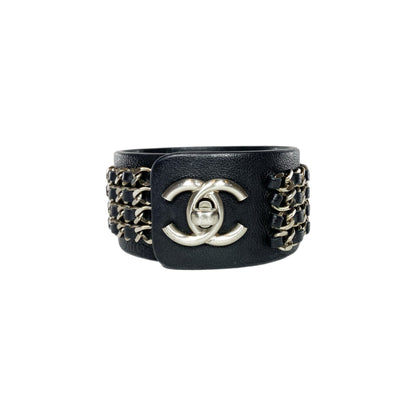 Chanel Black Silver Chain Wide Turnlock Cuff