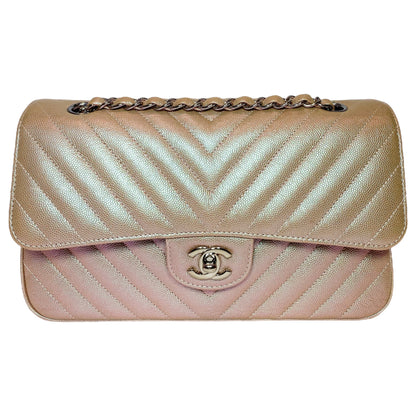 Chanel Iridescent Light Gold Chevron Medium Double Flap Bag