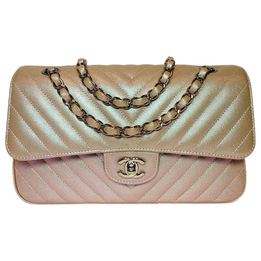 Chanel Iridescent Light Gold Chevron Medium Double Flap Bag