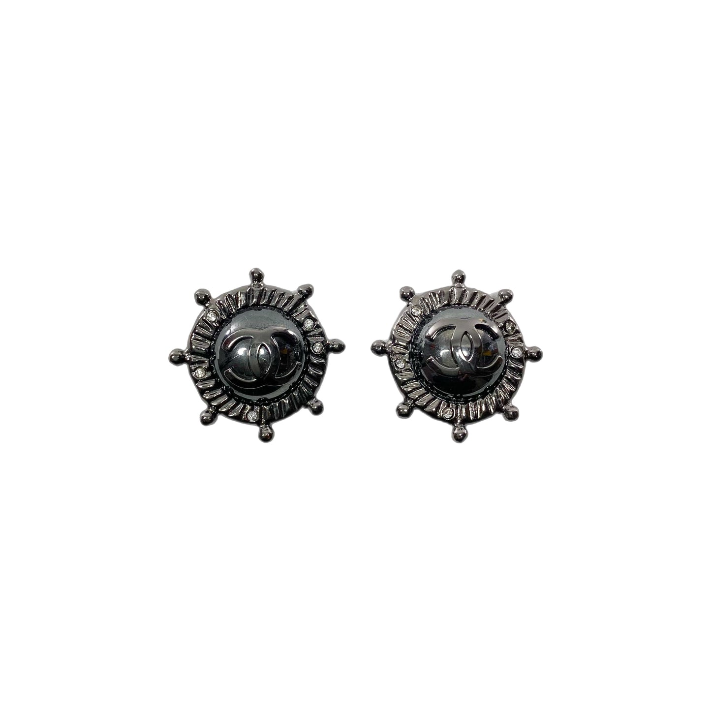 Chanel Gunmetal Ship’s Wheel Crystal Clip On Earrings