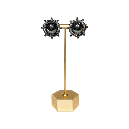 Chanel Gunmetal Ship’s Wheel Crystal Clip On Earrings