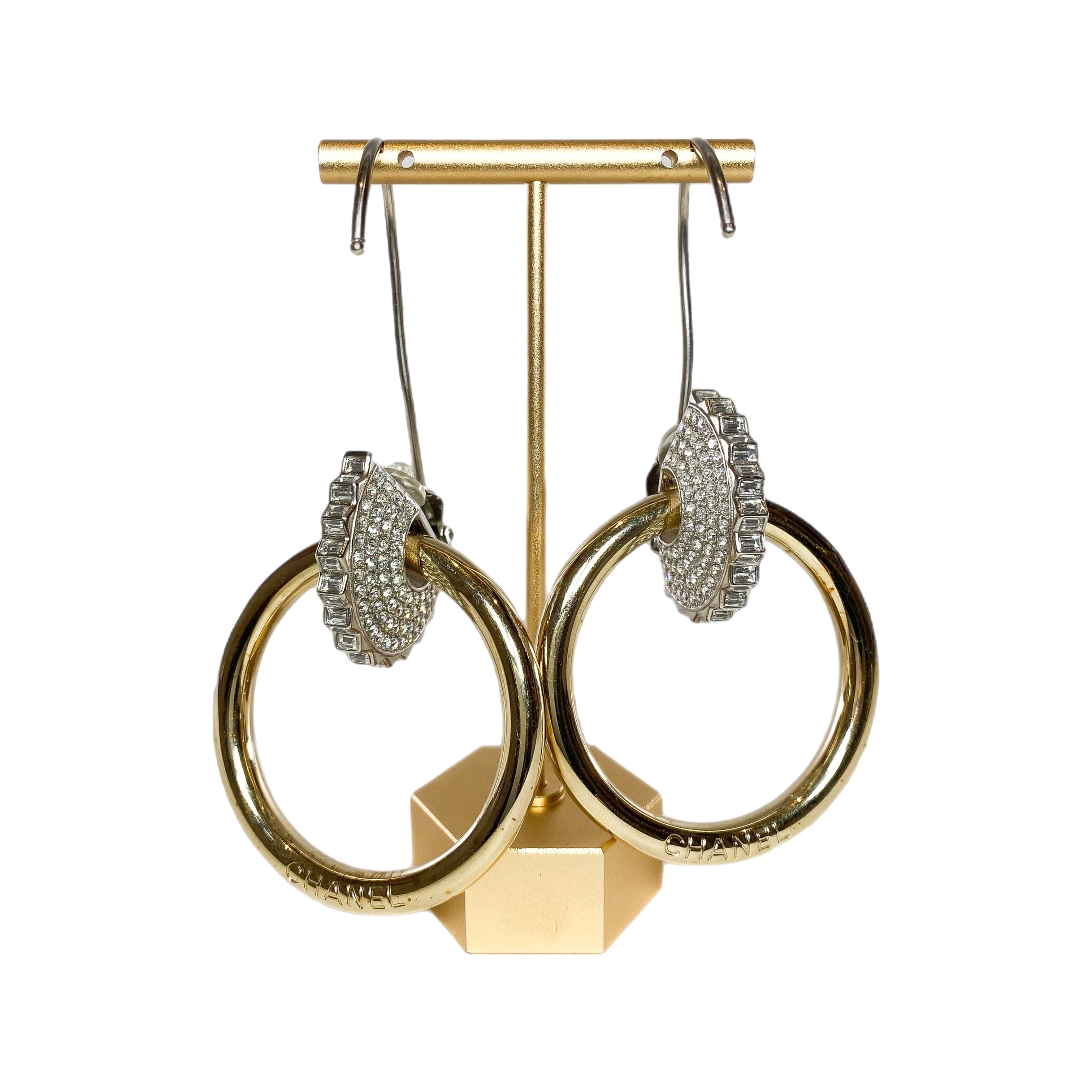 Chanel Light Gold Paris-Rome Strass Hoop Drop Clip On Earrings