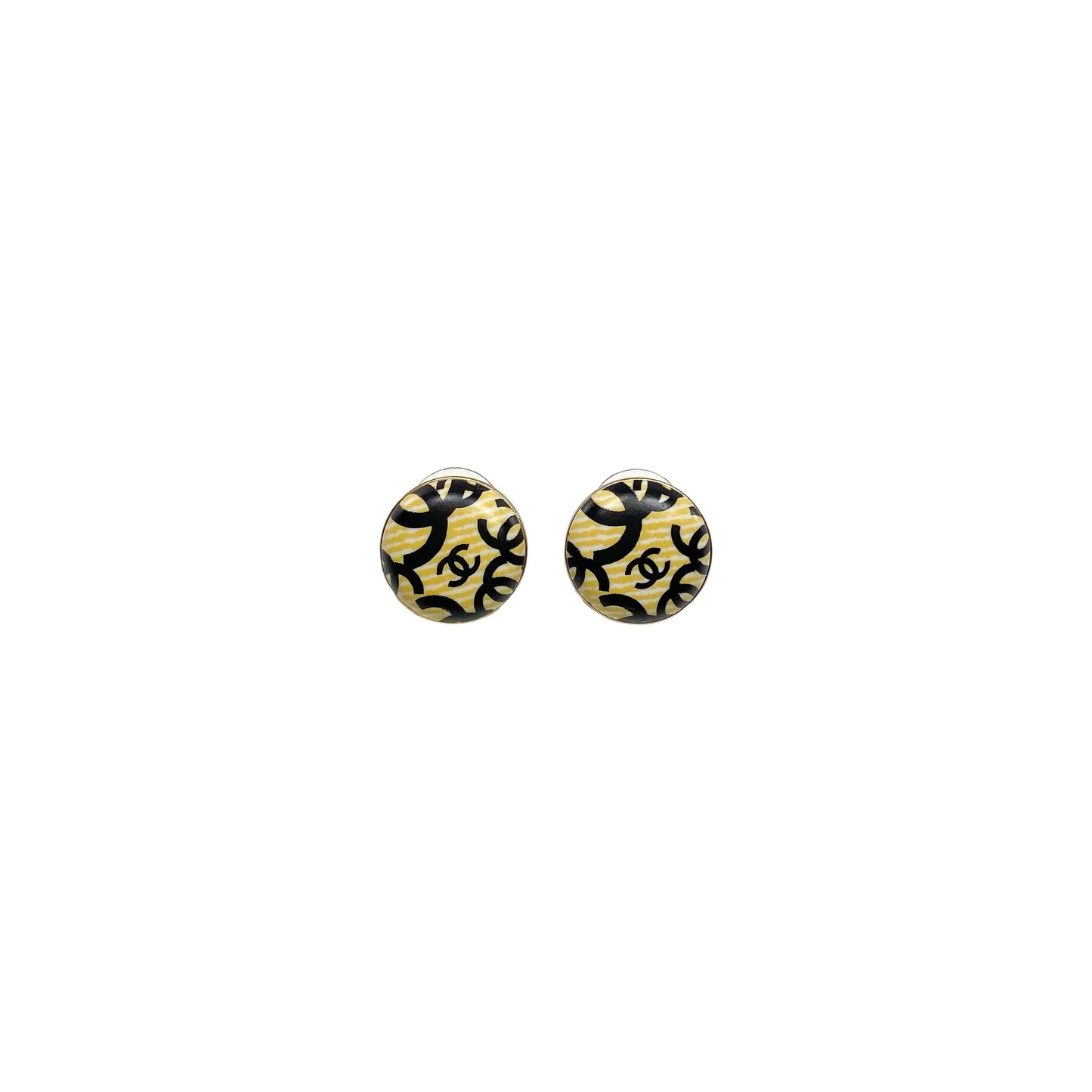 Chanel Black Yellow Logo Vintage Earrings