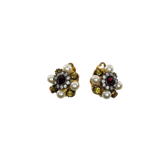 Chanel Gold Crystal Pearl Clip On Vintage Earrings