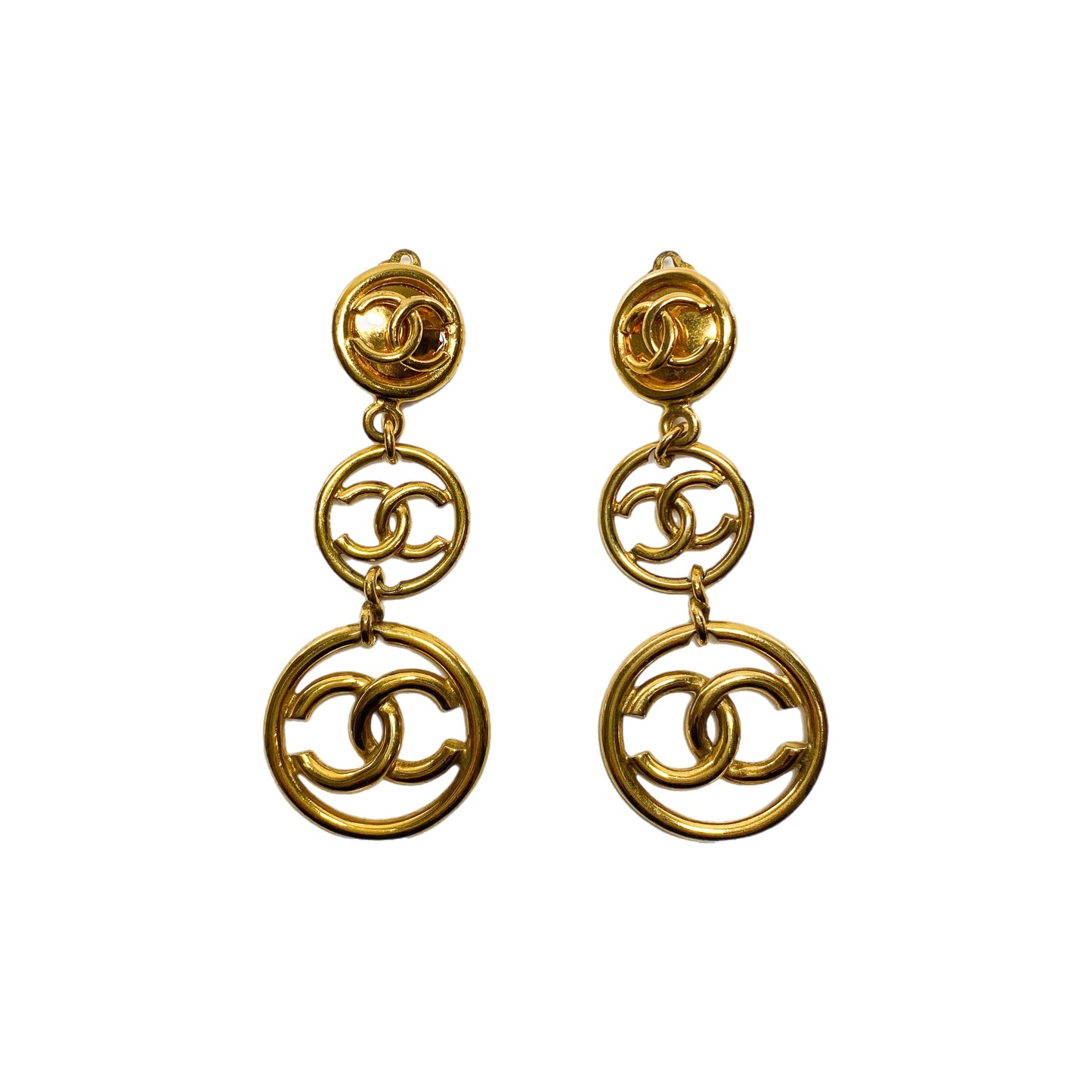 Chanel Gold Triple CC Drop Clip On Vintage Earrings