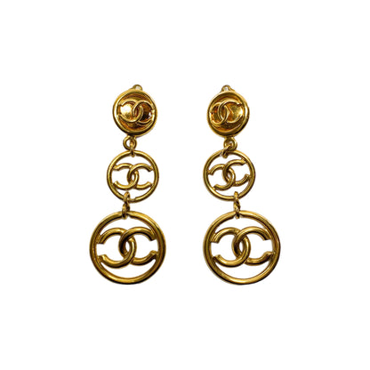 Chanel Gold Triple CC Drop Clip On Vintage Earrings