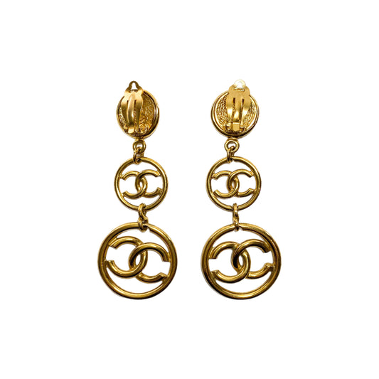 Chanel Gold Triple CC Drop Clip On Vintage Earrings