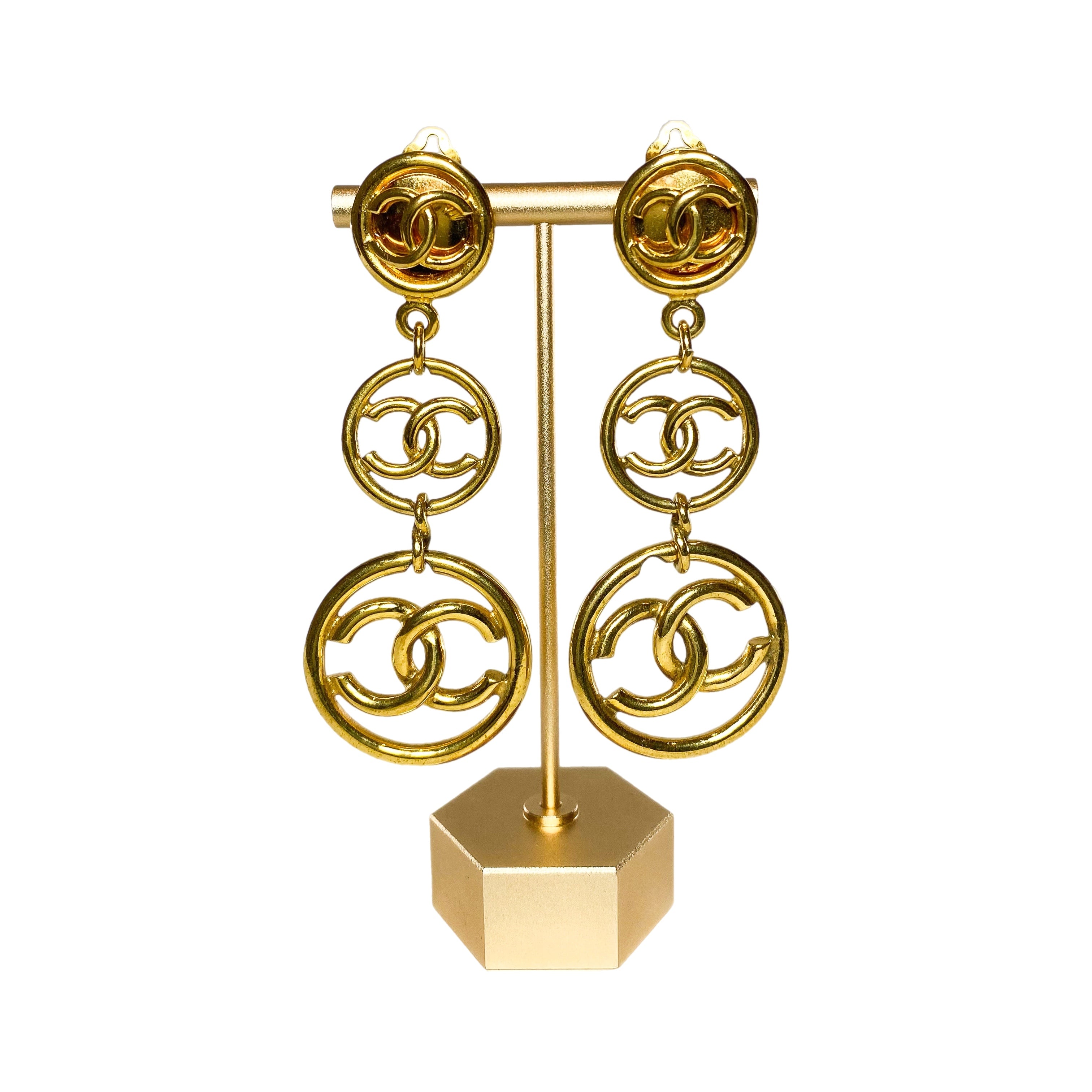 Chanel Gold Triple CC Drop Clip On Vintage Earrings