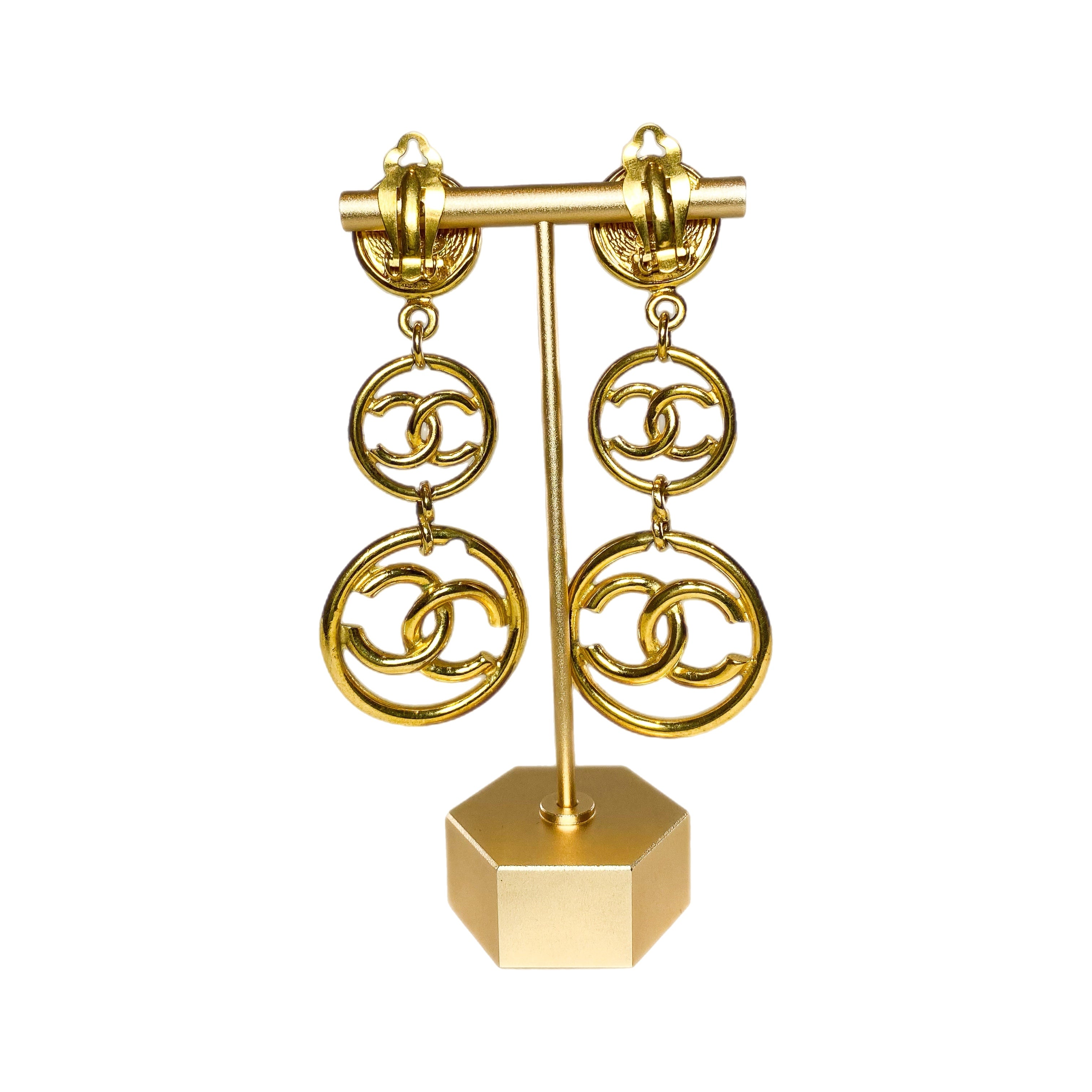 Chanel Gold Triple CC Drop Clip On Vintage Earrings