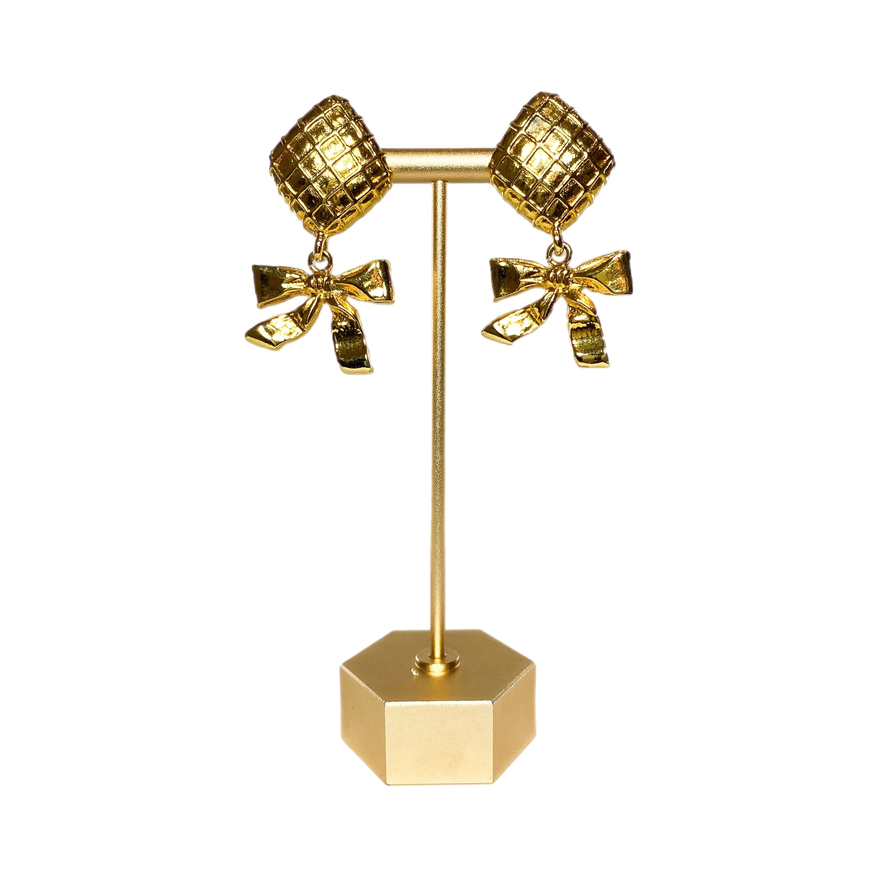 Chanel Gold Quilted Bow Clip On Earrings