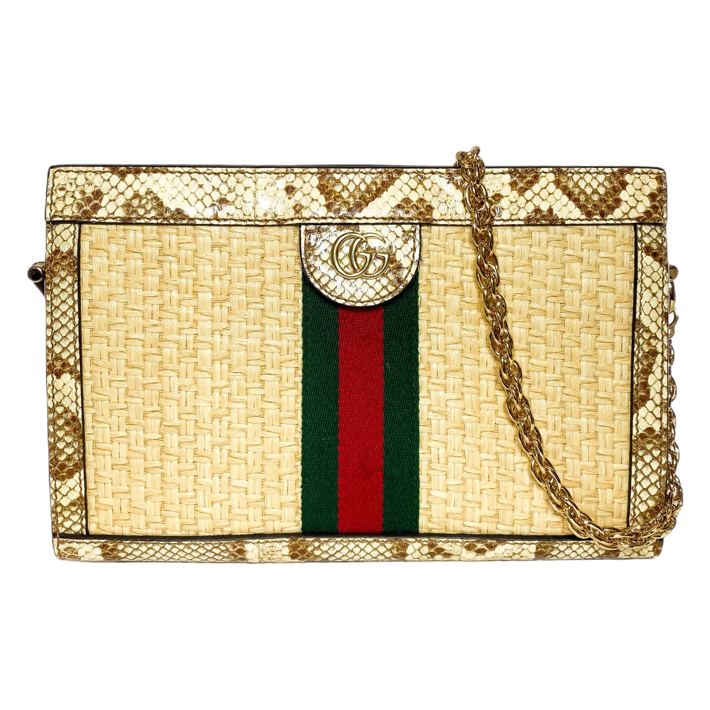 Gucci Natural Cream Brown Raffia Elaphe GG Small Ophidia Chain Shoulder Bag