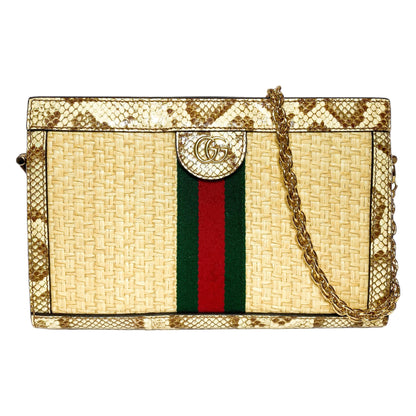 Gucci Natural Cream Brown Raffia Elaphe GG Small Ophidia Chain Shoulder Bag
