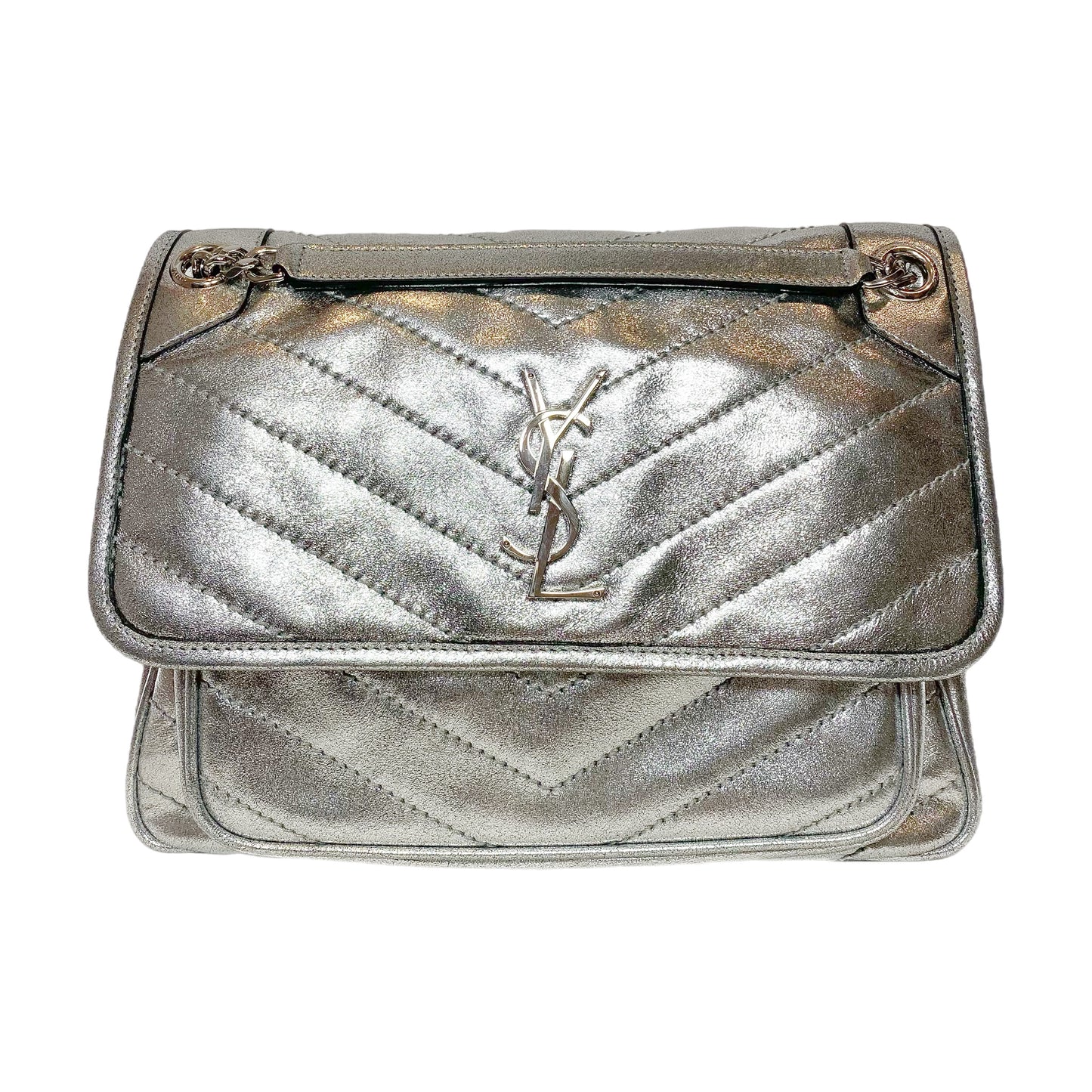 Saint Laurent Metallic Silver Nikki Medium Shoulder Bag