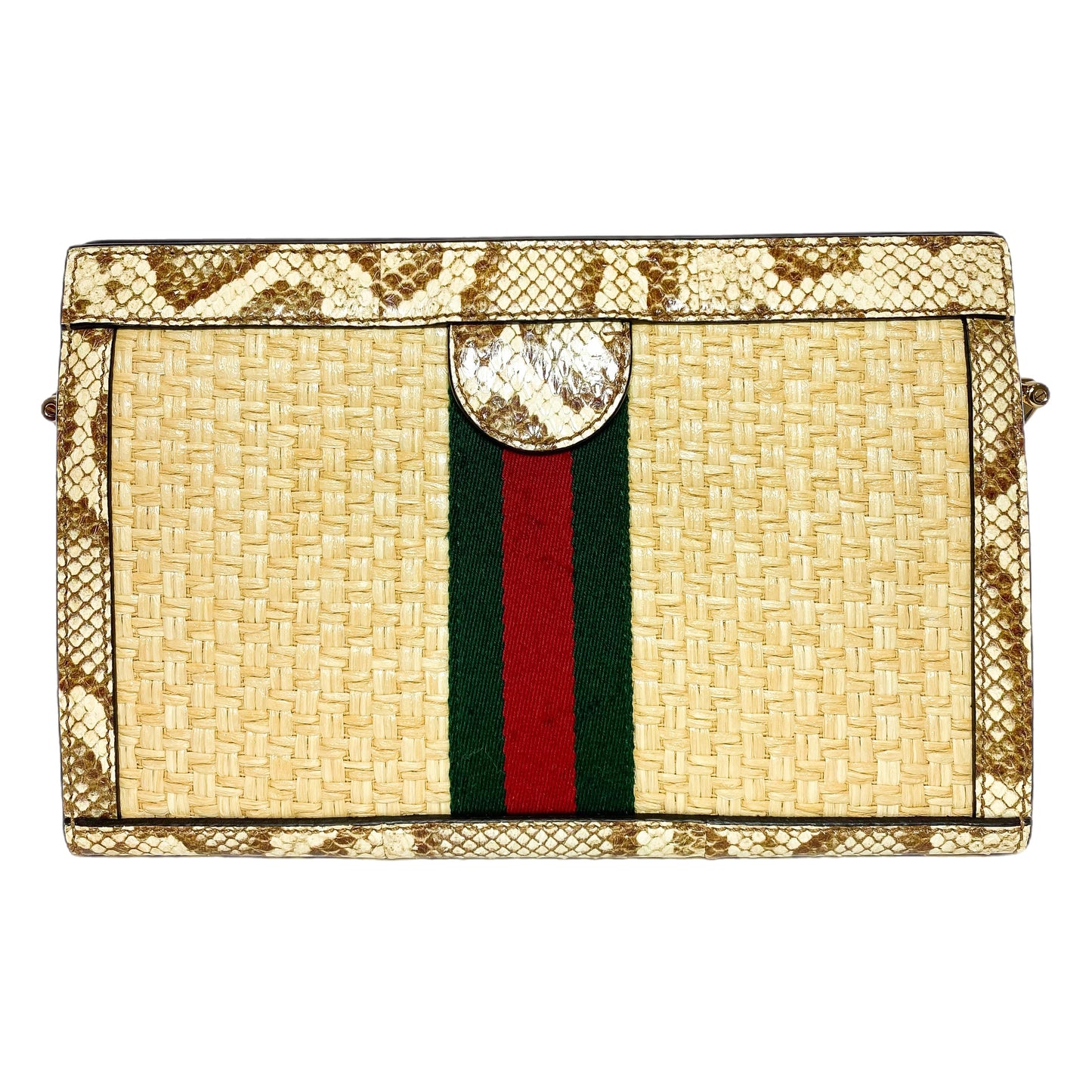 Gucci Natural Cream Brown Raffia Elaphe GG Small Ophidia Chain Shoulder Bag