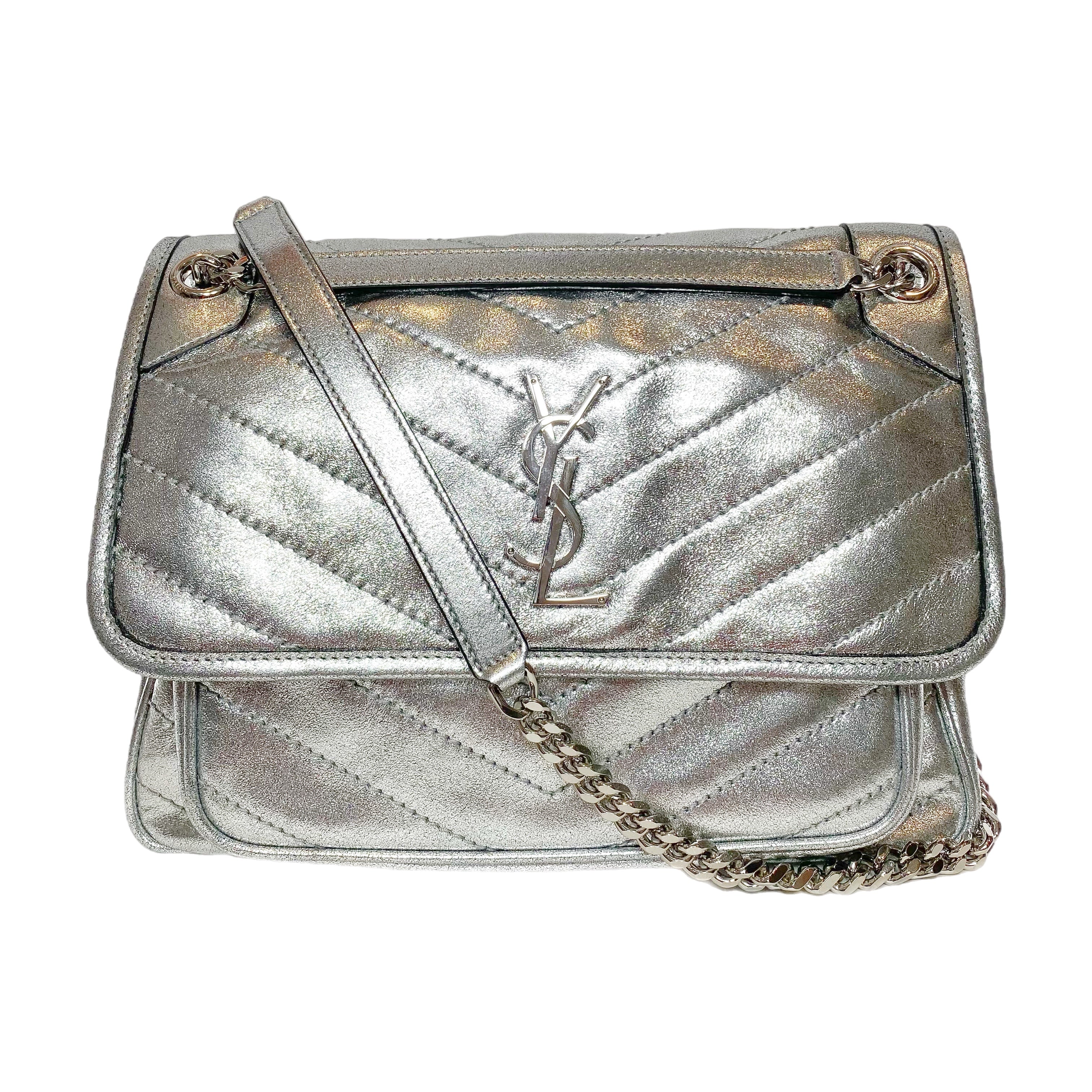 Saint Laurent Metallic Silver Nikki Medium Shoulder Bag