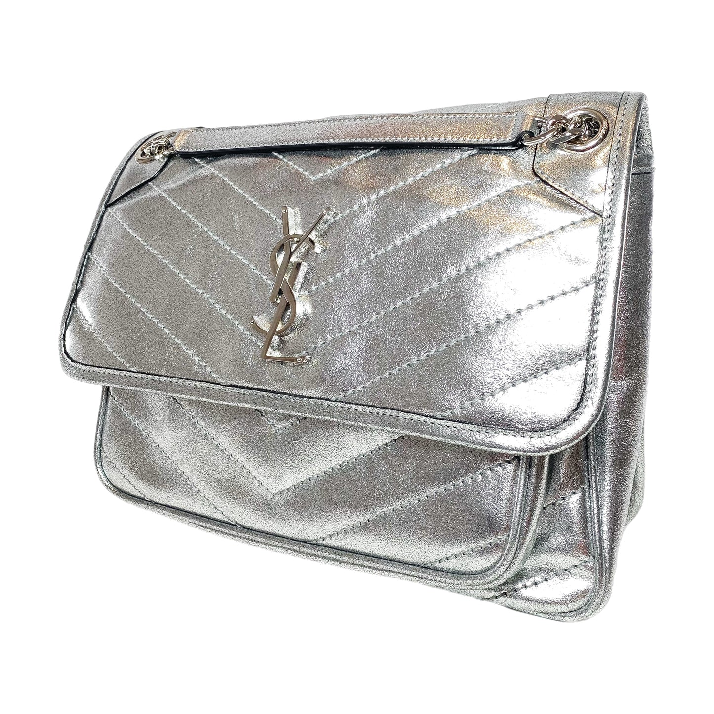 Saint Laurent Metallic Silver Nikki Medium Shoulder Bag