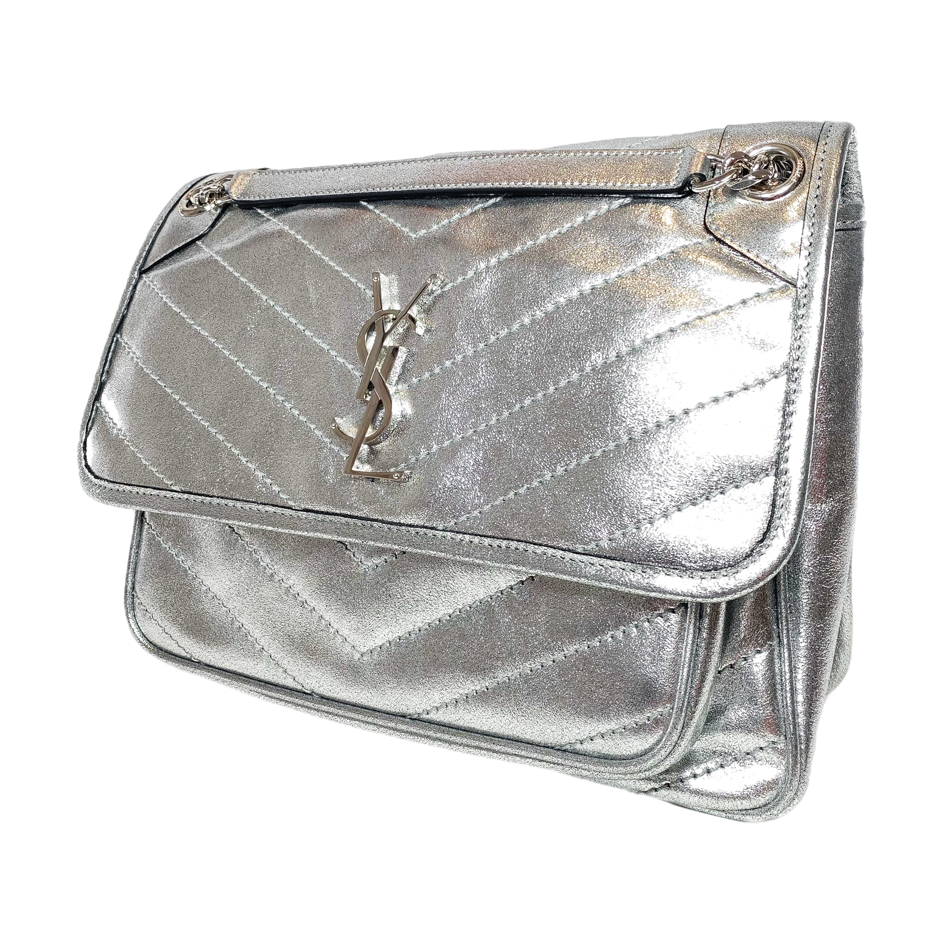 Saint Laurent Metallic Silver Nikki Medium Shoulder Bag