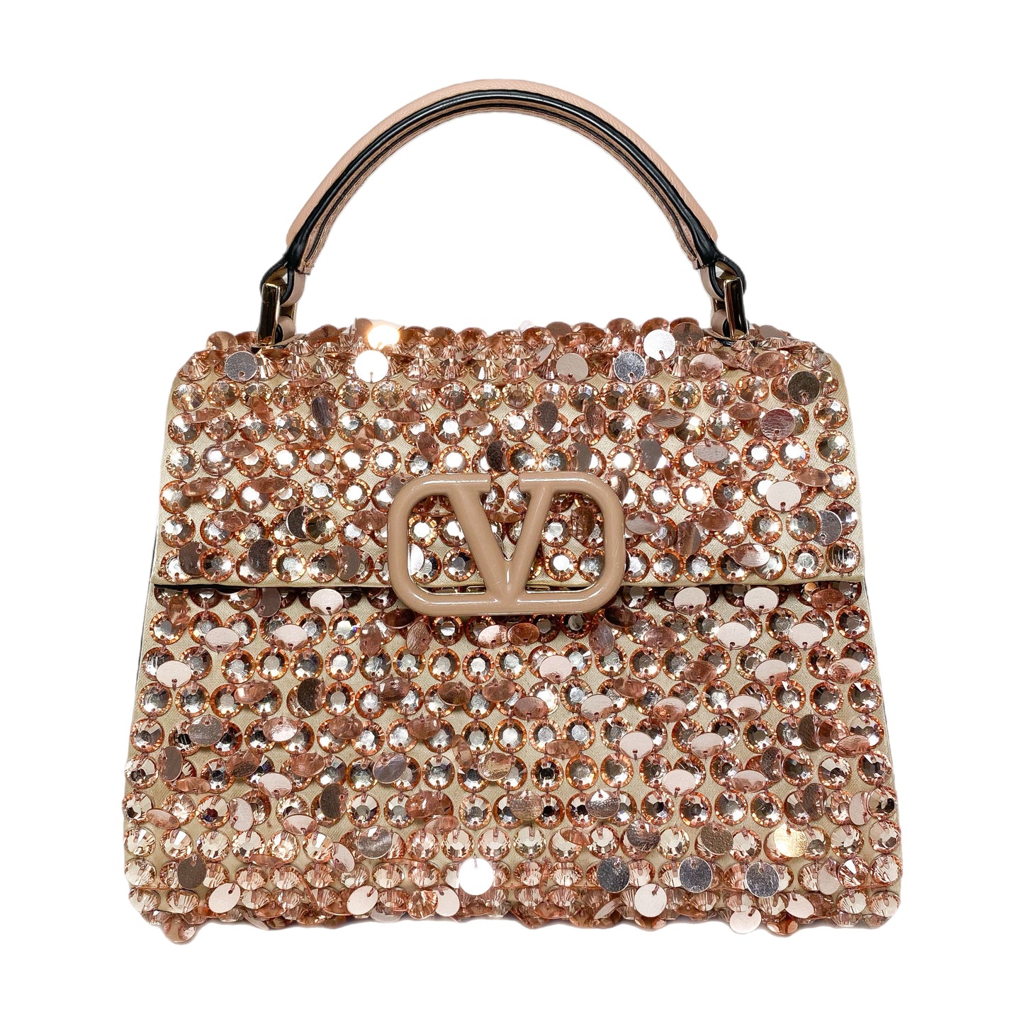 Valentino Peach Rose Mist Sequin Crystal Embroidered Mini Vsling Top Handle Bag
