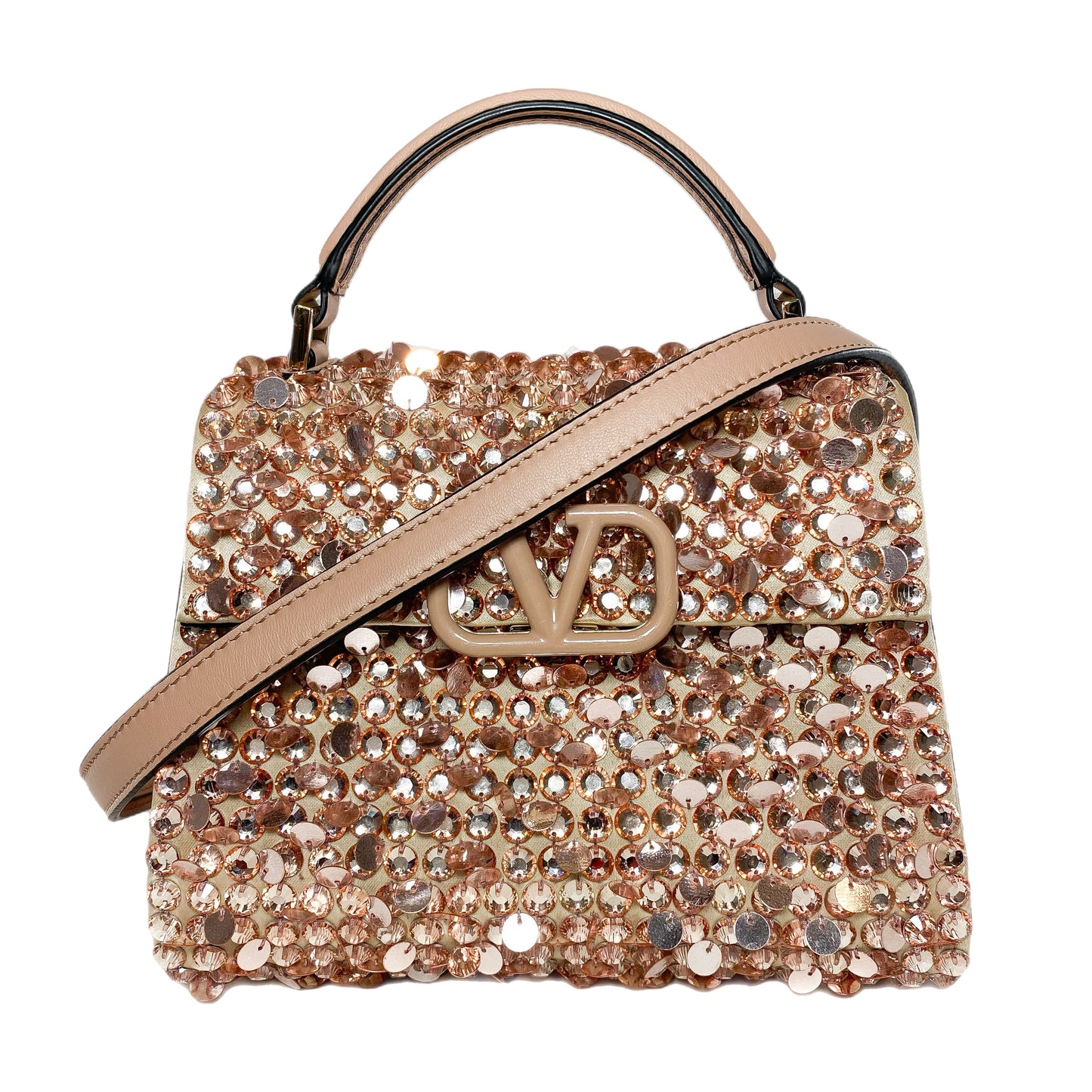 Valentino Peach Rose Mist Sequin Crystal Embroidered Mini Vsling Top Handle Bag