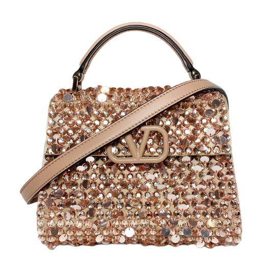 Valentino Peach Rose Mist Sequin Crystal Embroidered Mini Vsling Top Handle Bag