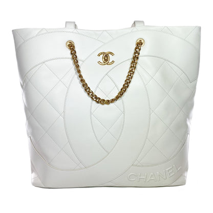 Chanel White Stitched CC Shopper Tote