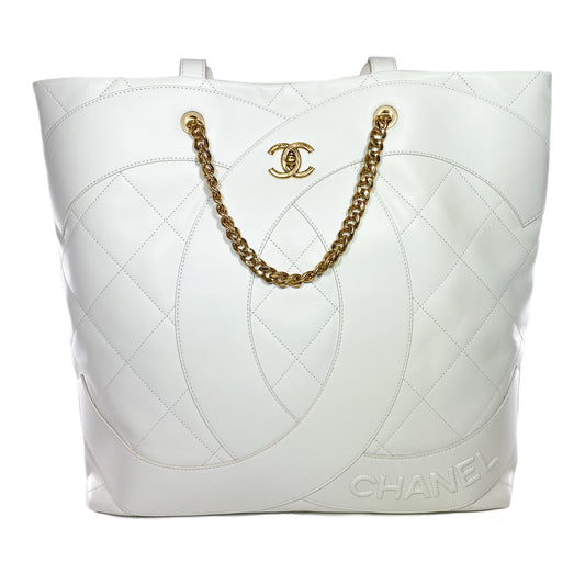 Chanel White Stitched CC Shopper Tote