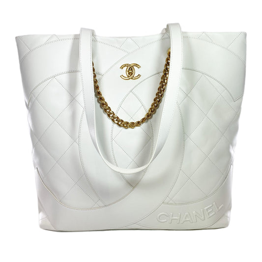Chanel White Stitched CC Shopper Tote