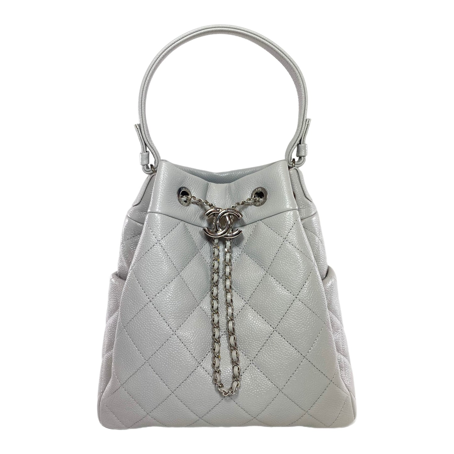 Chanel Light Gray Quilted Caviar Chain Bucket Bag