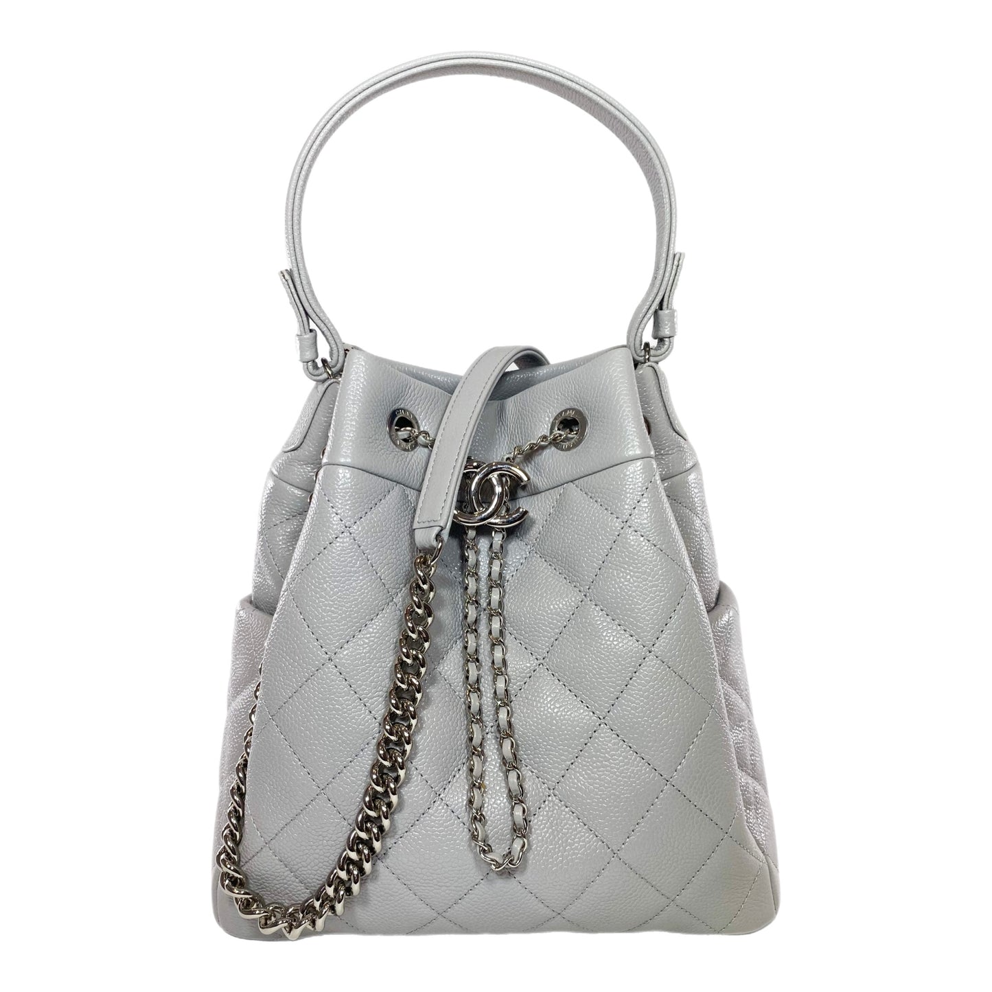 Chanel Light Gray Quilted Caviar Chain Bucket Bag