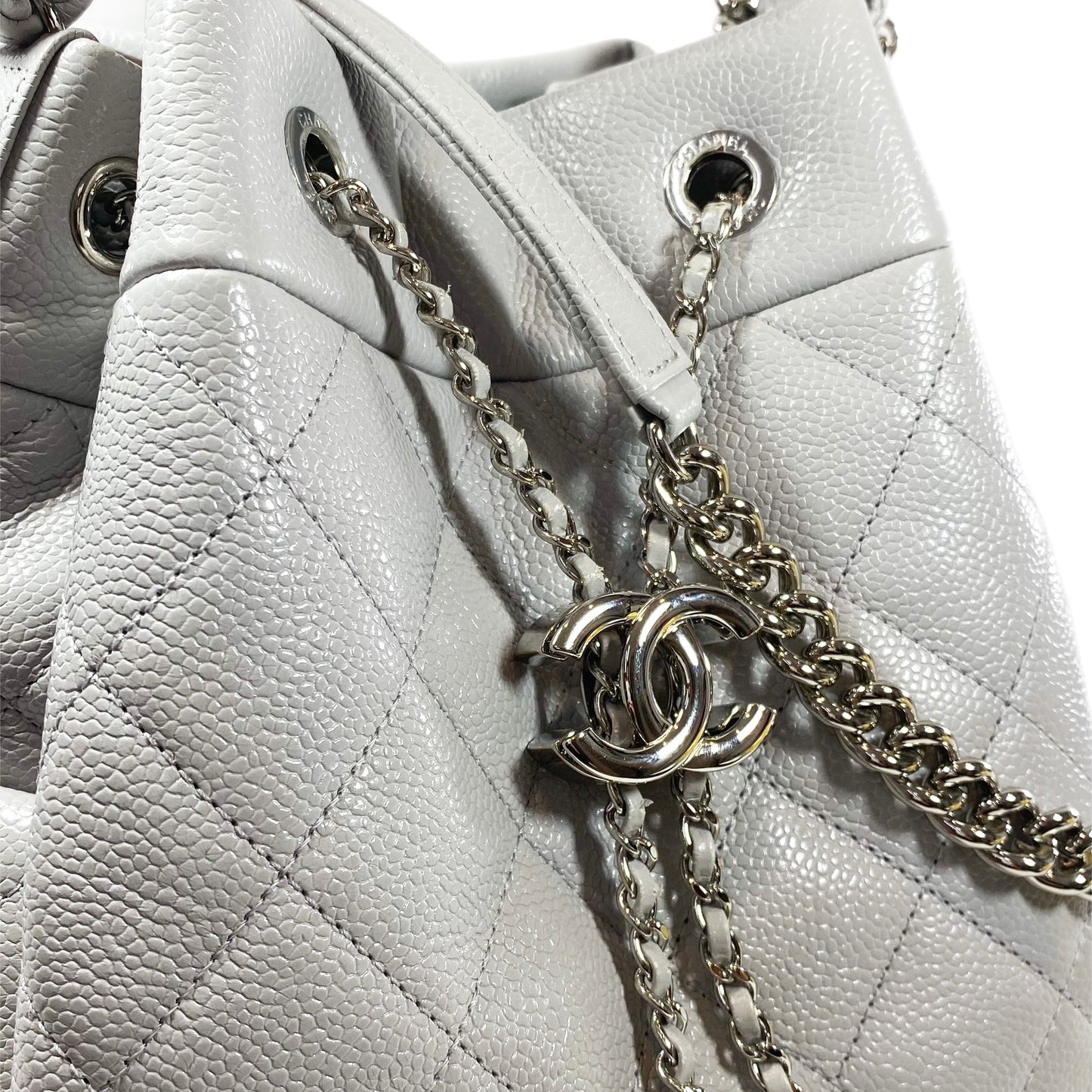 Chanel Light Gray Quilted Caviar Chain Bucket Bag