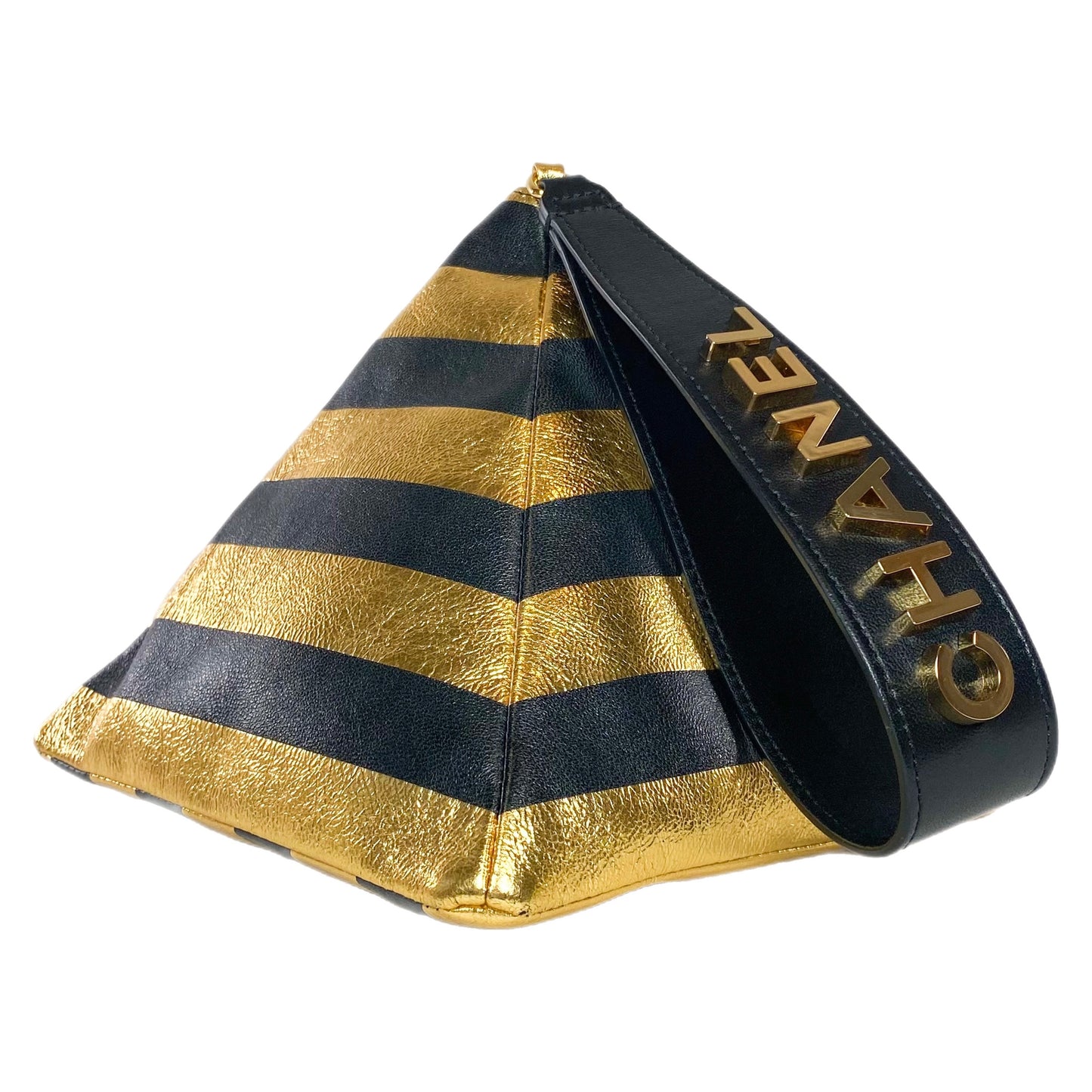 Chanel Gold and Black Metallic Lambskin Kheops Pyramid Wristlet Bag
