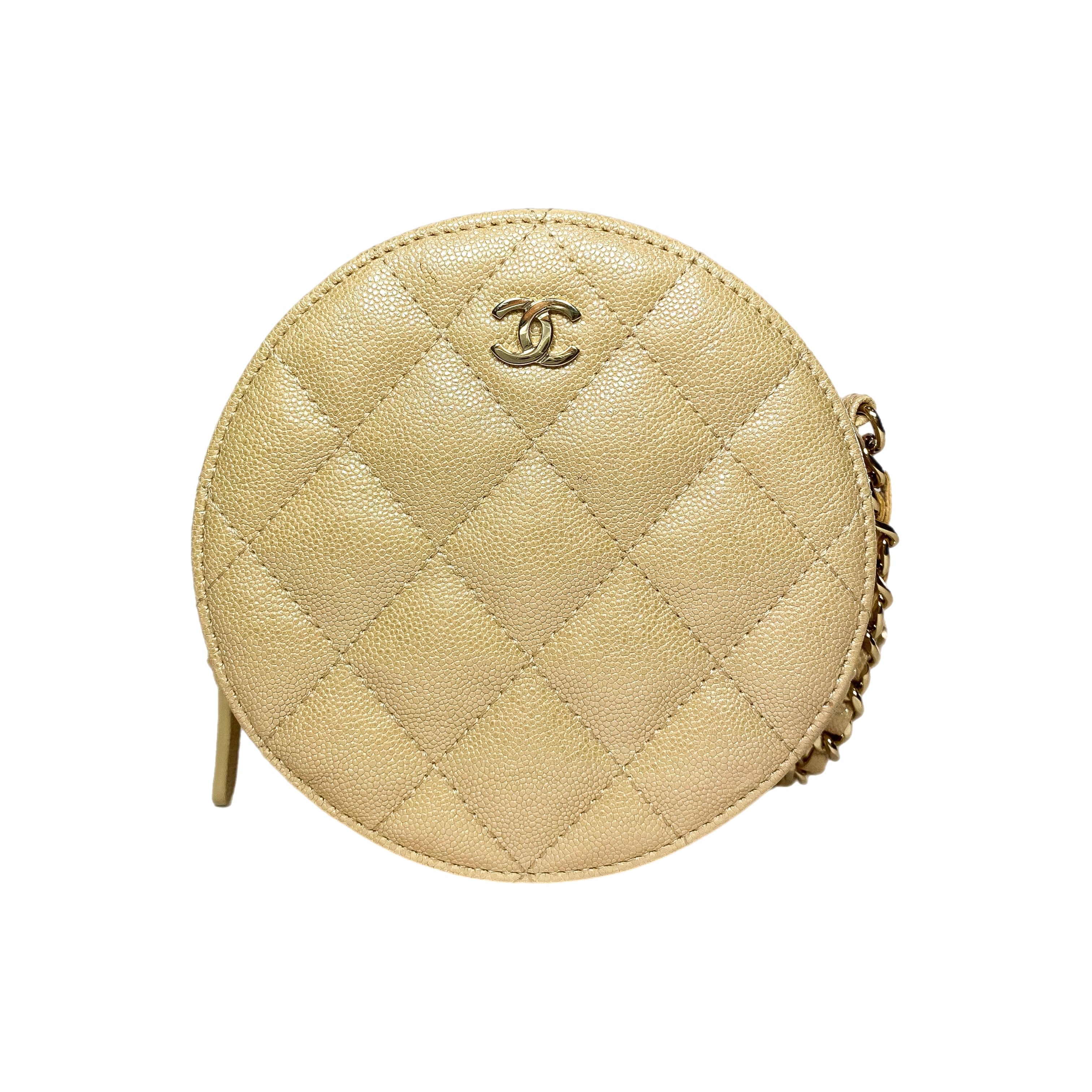 Chanel Beige Iridescent Quilted Caviar Round Clutch with Chain