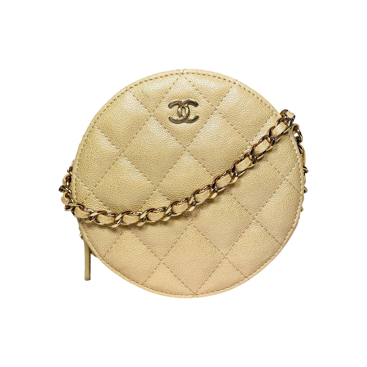 Chanel Beige Iridescent Quilted Caviar Round Clutch with Chain