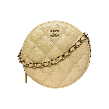 Chanel Beige Iridescent Quilted Caviar Round Clutch with Chain