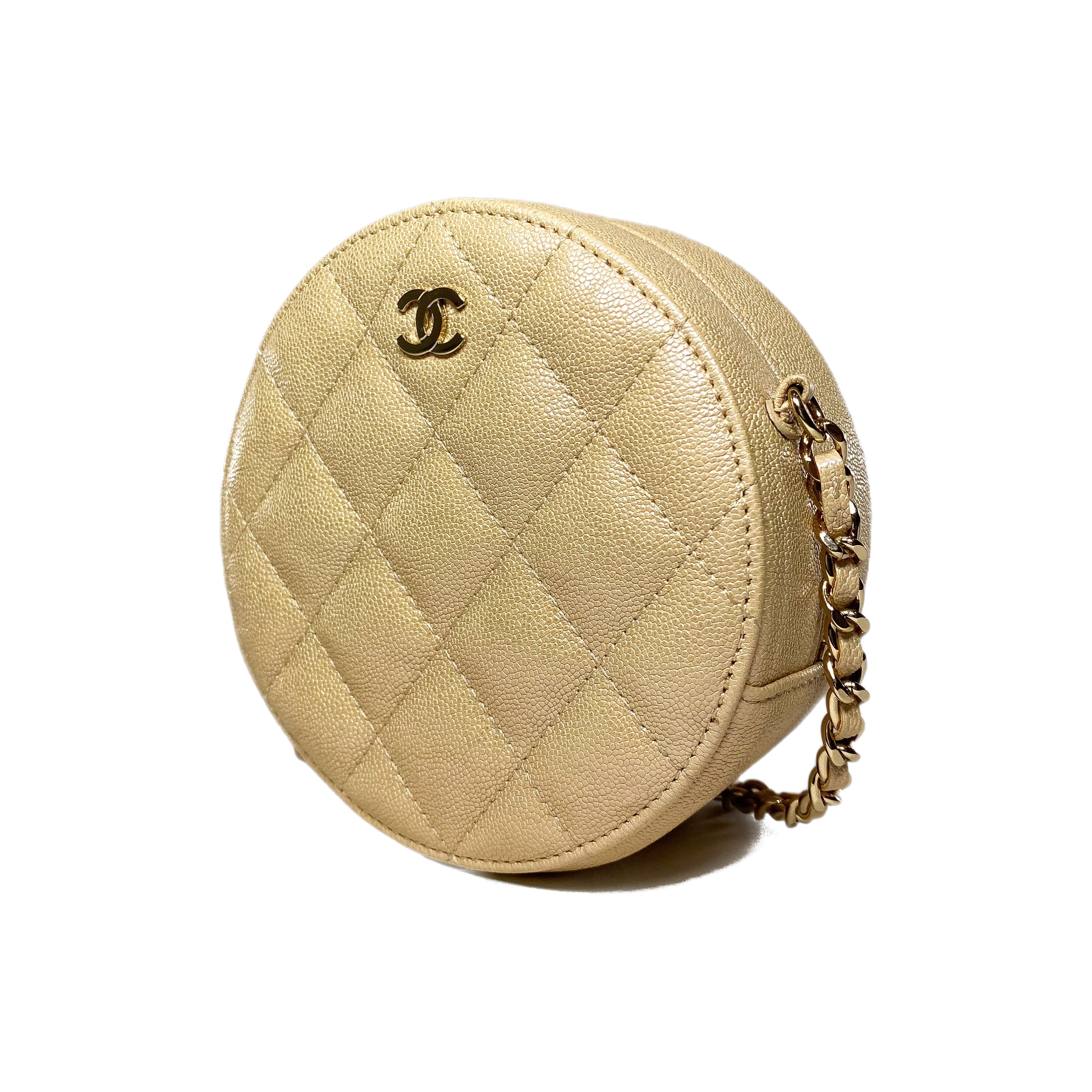 Chanel Beige Iridescent Quilted Caviar Round Clutch with Chain