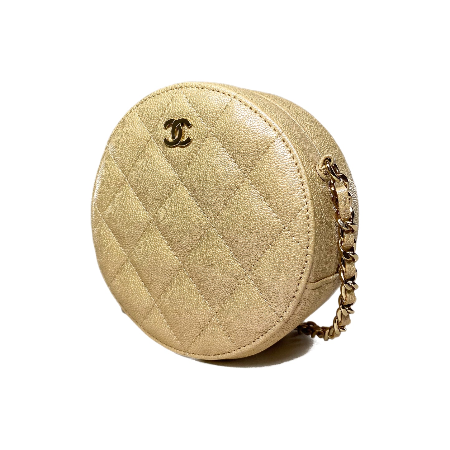 Chanel Beige Iridescent Quilted Caviar Round Clutch with Chain