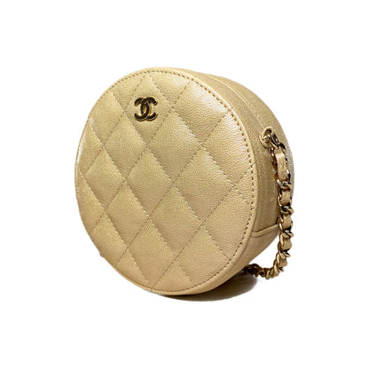 Chanel Beige Iridescent Quilted Caviar Round Clutch with Chain