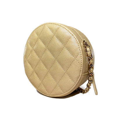 Chanel Beige Iridescent Quilted Caviar Round Clutch with Chain