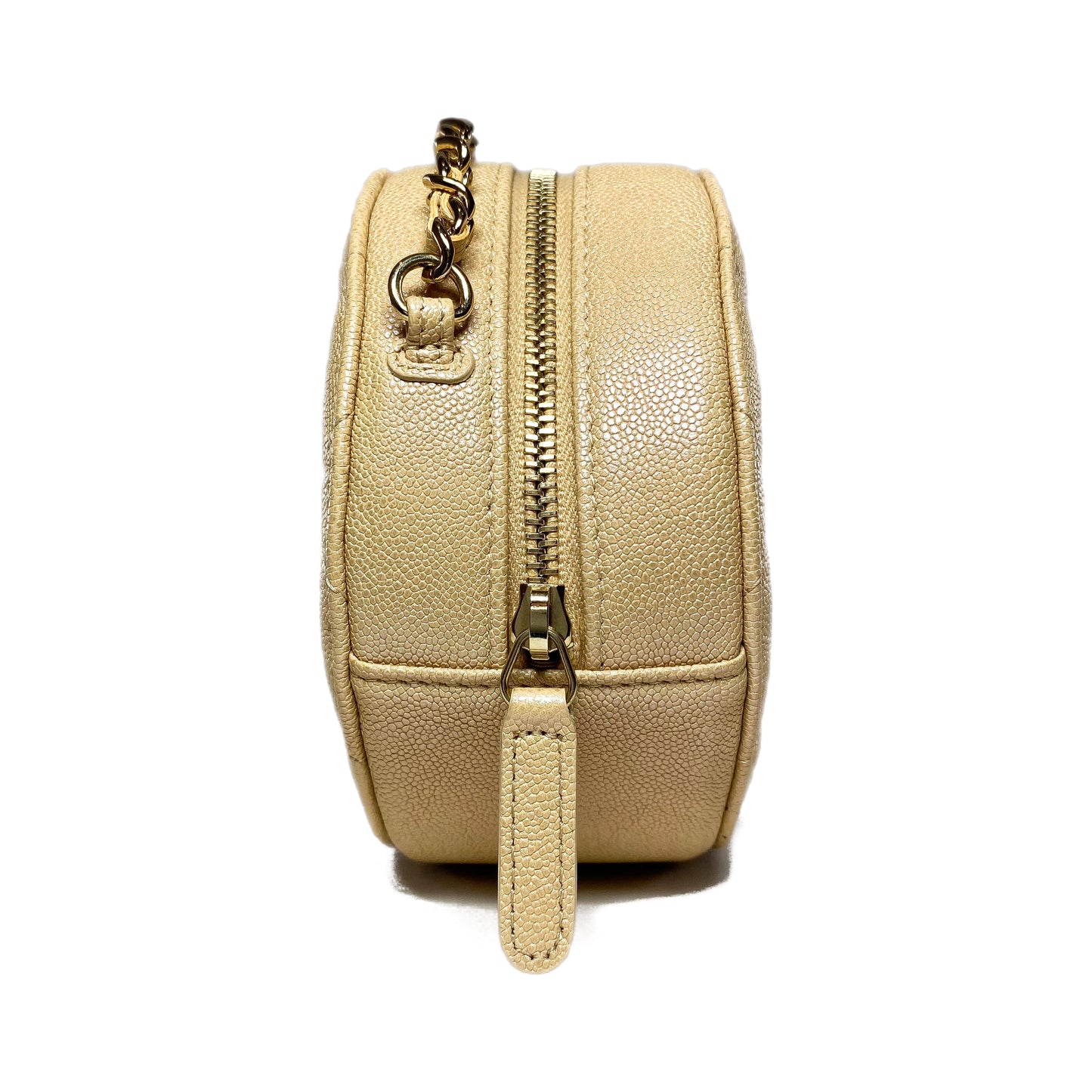 Chanel Beige Iridescent Quilted Caviar Round Clutch with Chain