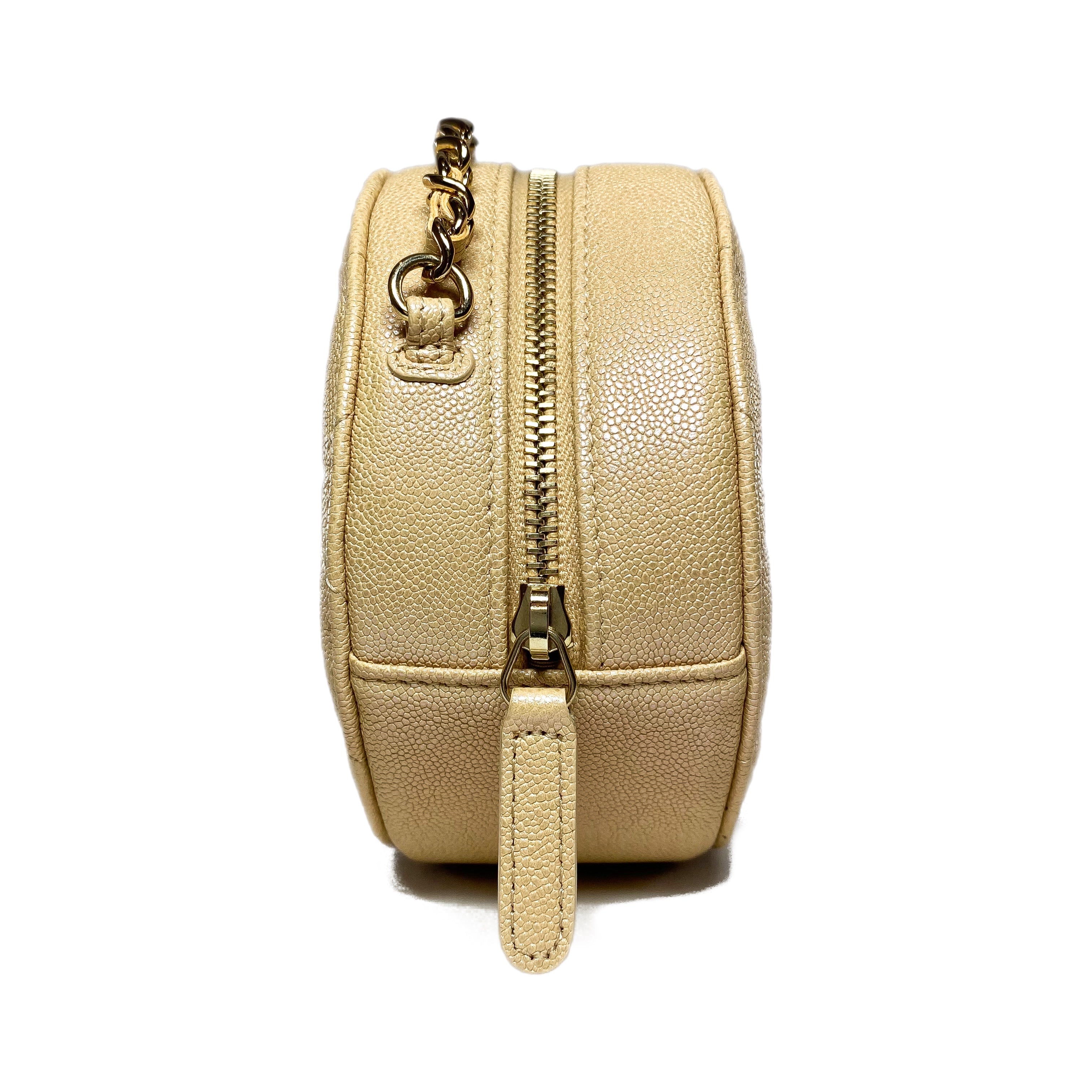 Chanel Beige Iridescent Quilted Caviar Round Clutch with Chain
