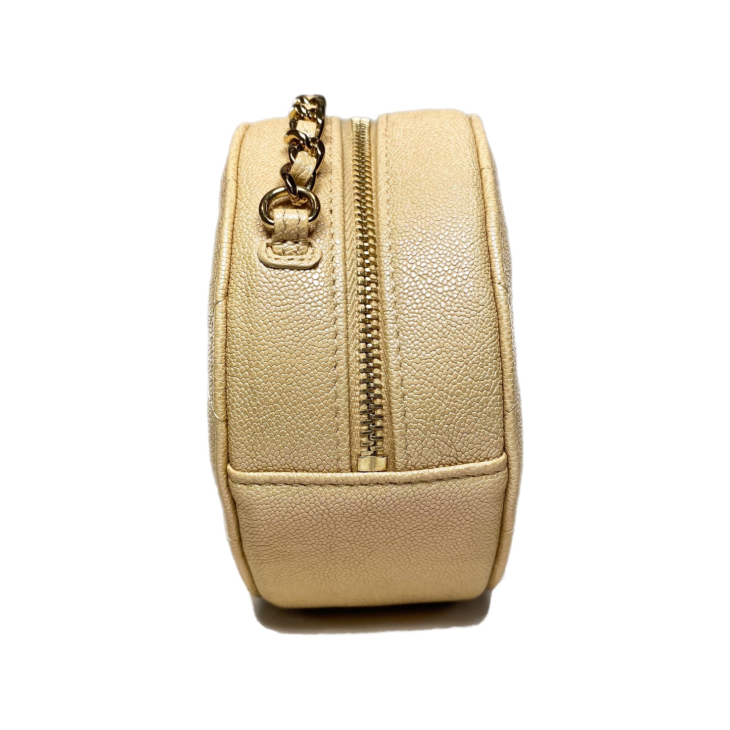 Chanel Beige Iridescent Quilted Caviar Round Clutch with Chain