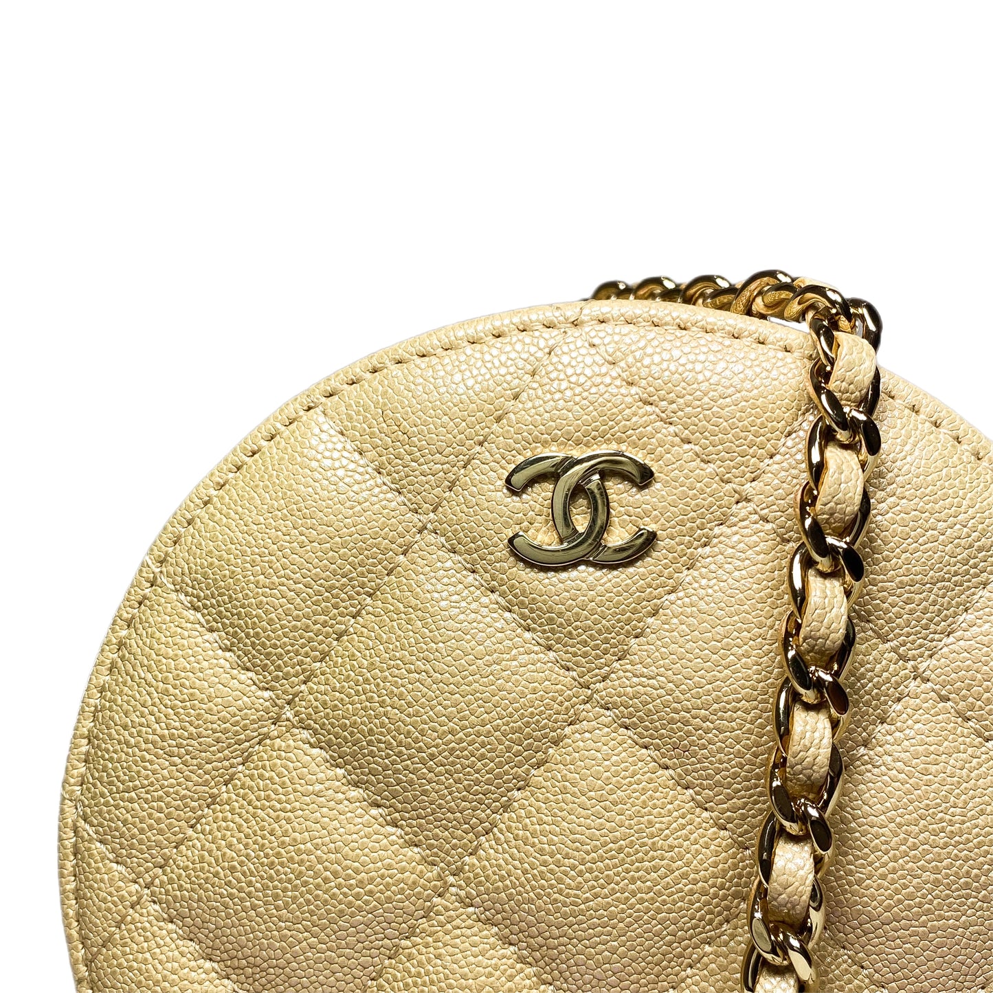 Chanel Beige Iridescent Quilted Caviar Round Clutch with Chain
