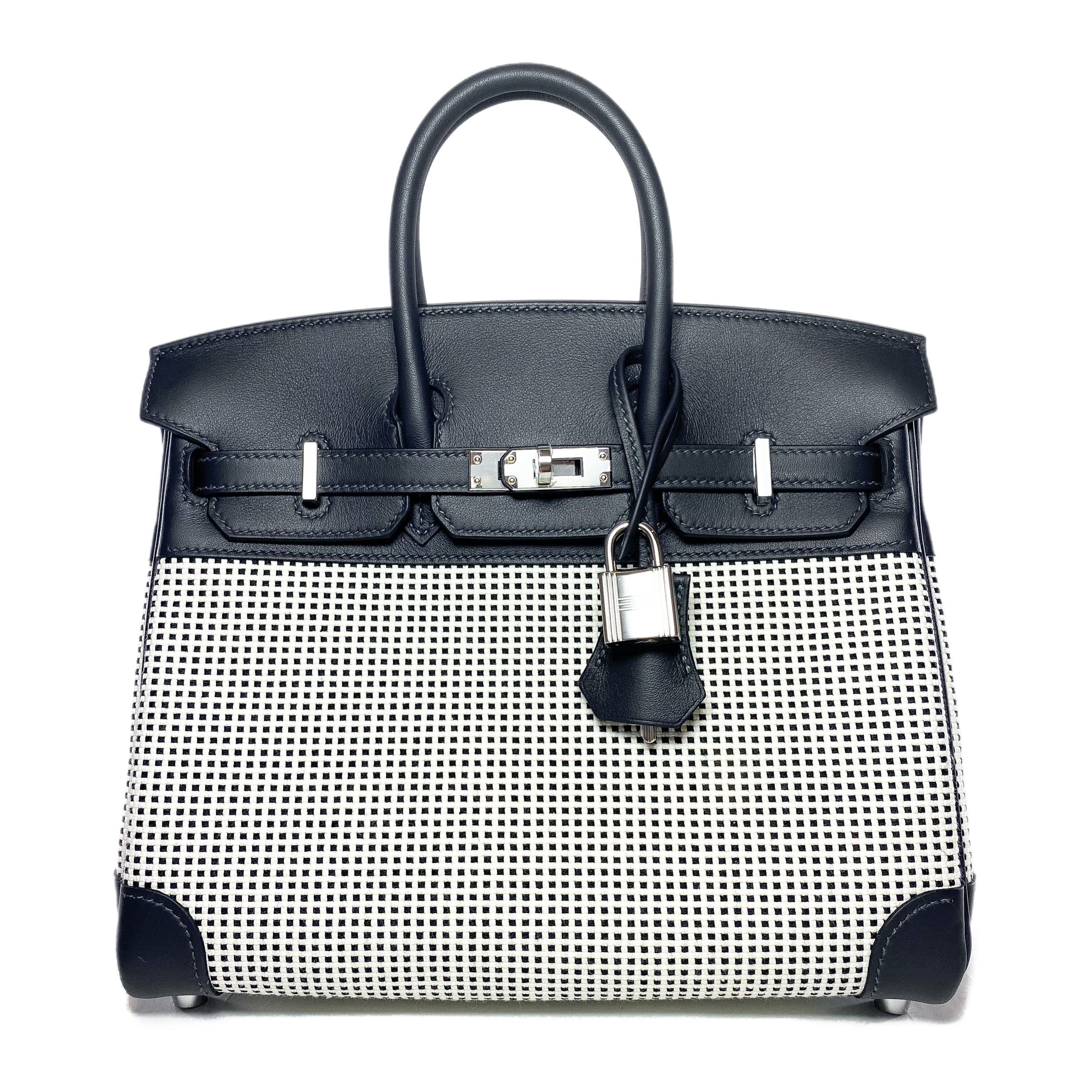 Hermes Birkin 25 Caban Swift Ecru Toile Quadrille Palladium Hardware